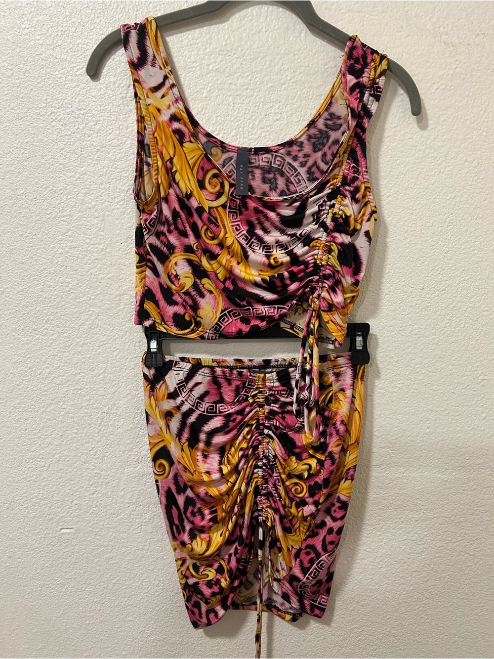 Two-Piece Pink & Yellow Ruched Crop Tank and Skirt Set